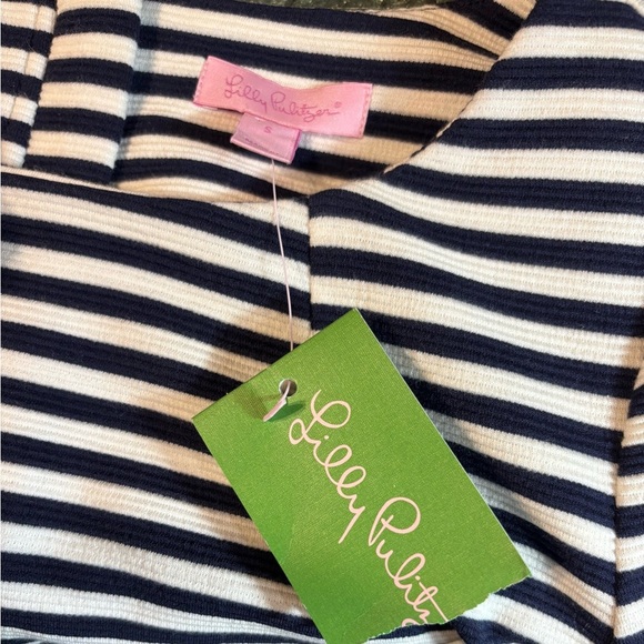 Lilly Pulitzer Charlene Dress S Navy White Ottoman Stripe Pockets Gold Buttons - Picture 9 of 10